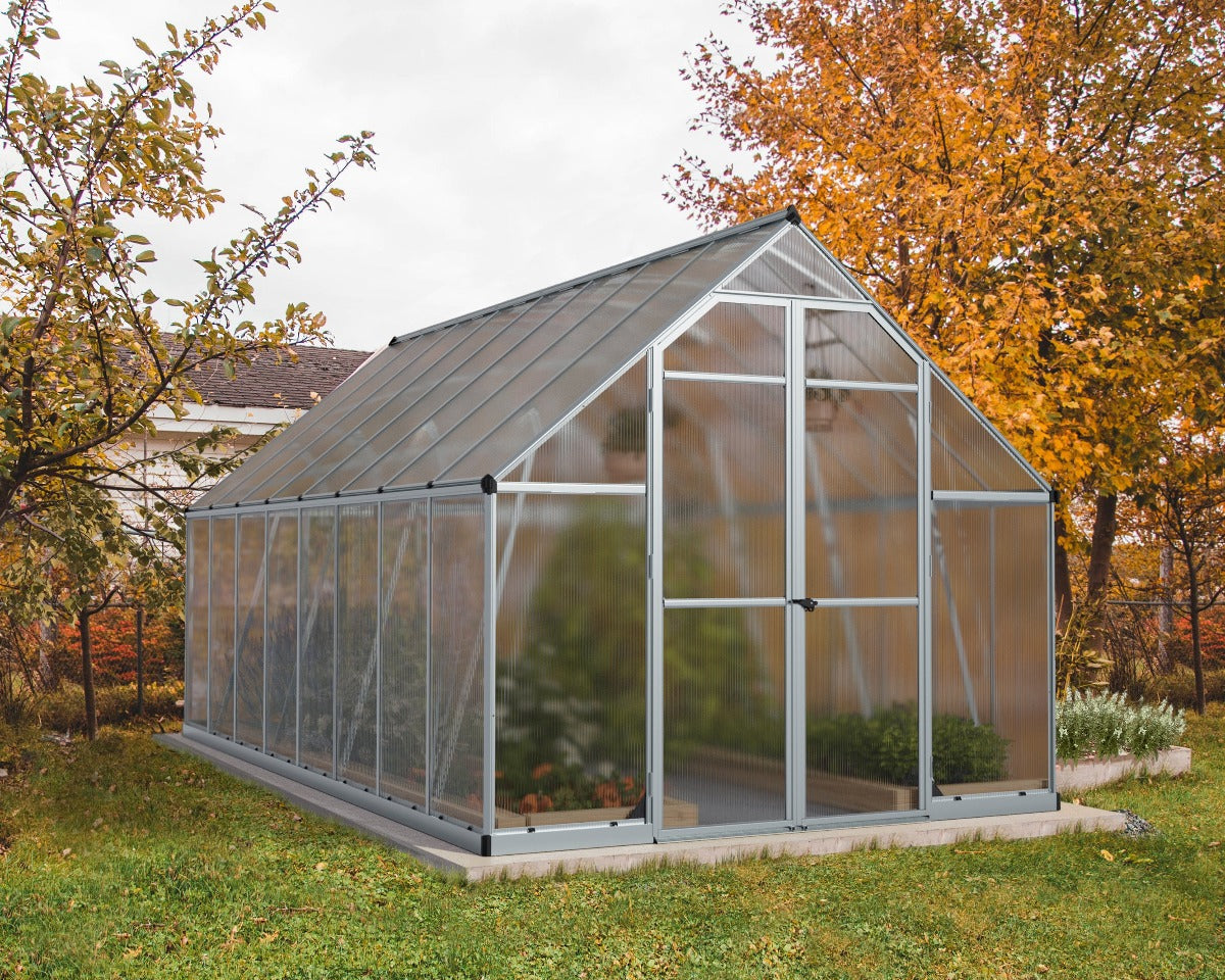 Essence™ 8 ft. x 16 ft. Greenhouse Silver Frame Twin-Wall Panels | Palram-Canopia 8' Wide Essence Canopia by Palram