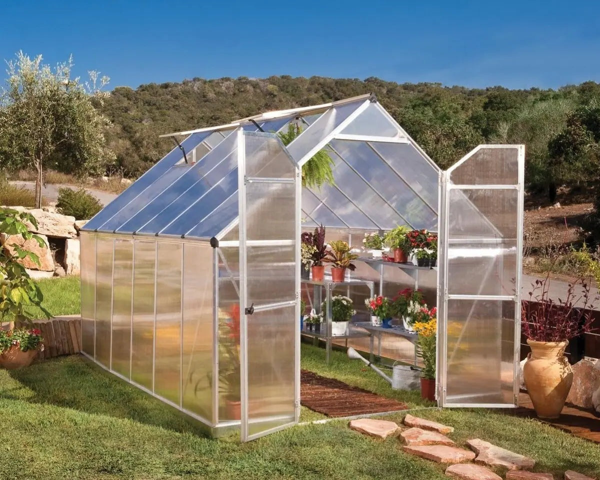 Essence™ 8 ft. x 12 ft. Greenhouse Silver Frame Twin-Wall Panels | Palram-Canopia 8' Wide Essence Canopia by Palram Essence™ 8 ft. x 12 ft. Greenhouse Silver Frame Twin-Wall Panels