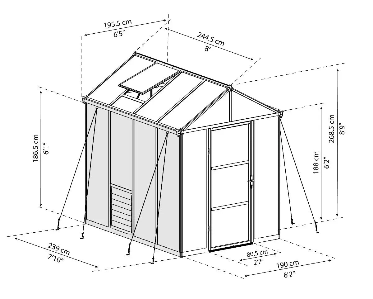 Glory® 6 ft. × ft. 8 Greenhouse with 10mm Twinwall Glazing | Palram-Canopia - Dimensions